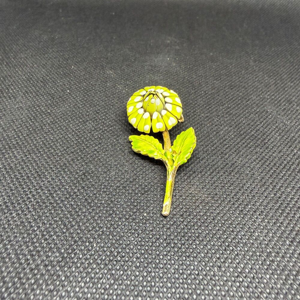 Vtg 1960s Flower Brooch Chartreuse Lime Green White Enamel Polka Dot Mod Pop Art